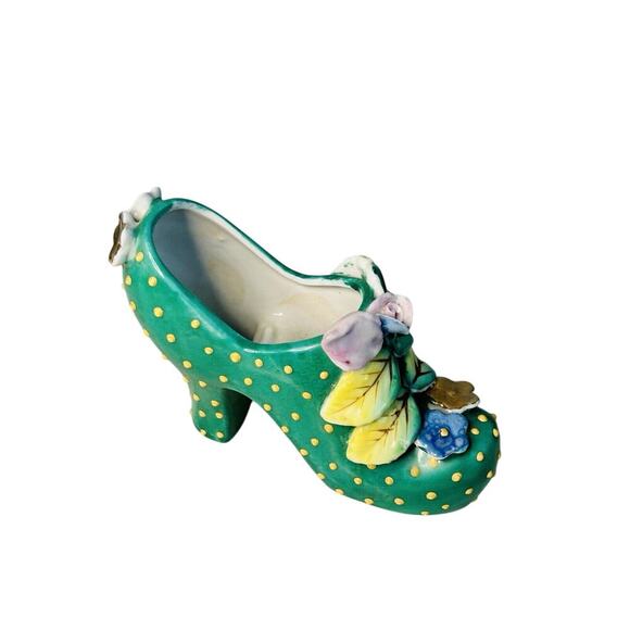 Vintage Hand Painted Shoe High Heel Polka Dots 3D Flowers Leaf Green 4" Japan - Picture 3 of 11